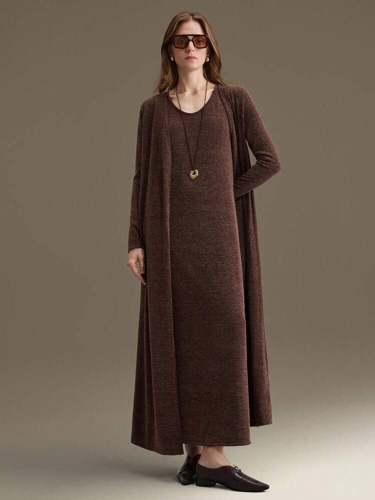 Women's Dark Brown Wool-Like Sleeveless H-Line Maxi Dress,Round Neck Back Slit Knit Sweater Dress,Effortless Chic Summer Office Old Money Style