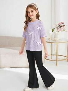 SHEIN Serisse Kids 少女宽松针织提花圆领套头衫和喇叭裤两件套 - 淡紫色 - 查看 9