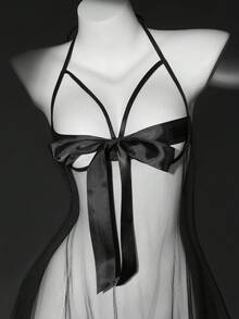 女士网纱蝴蝶结吊带流苏性感睡裙，情人节 - 黑色 - 查看 8