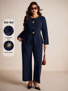 Elaquor Plus Size Black Metal Buckle Decor Long Sleeve Suit Set Formal Suit Plus Size Office Wear In Fall/Winter