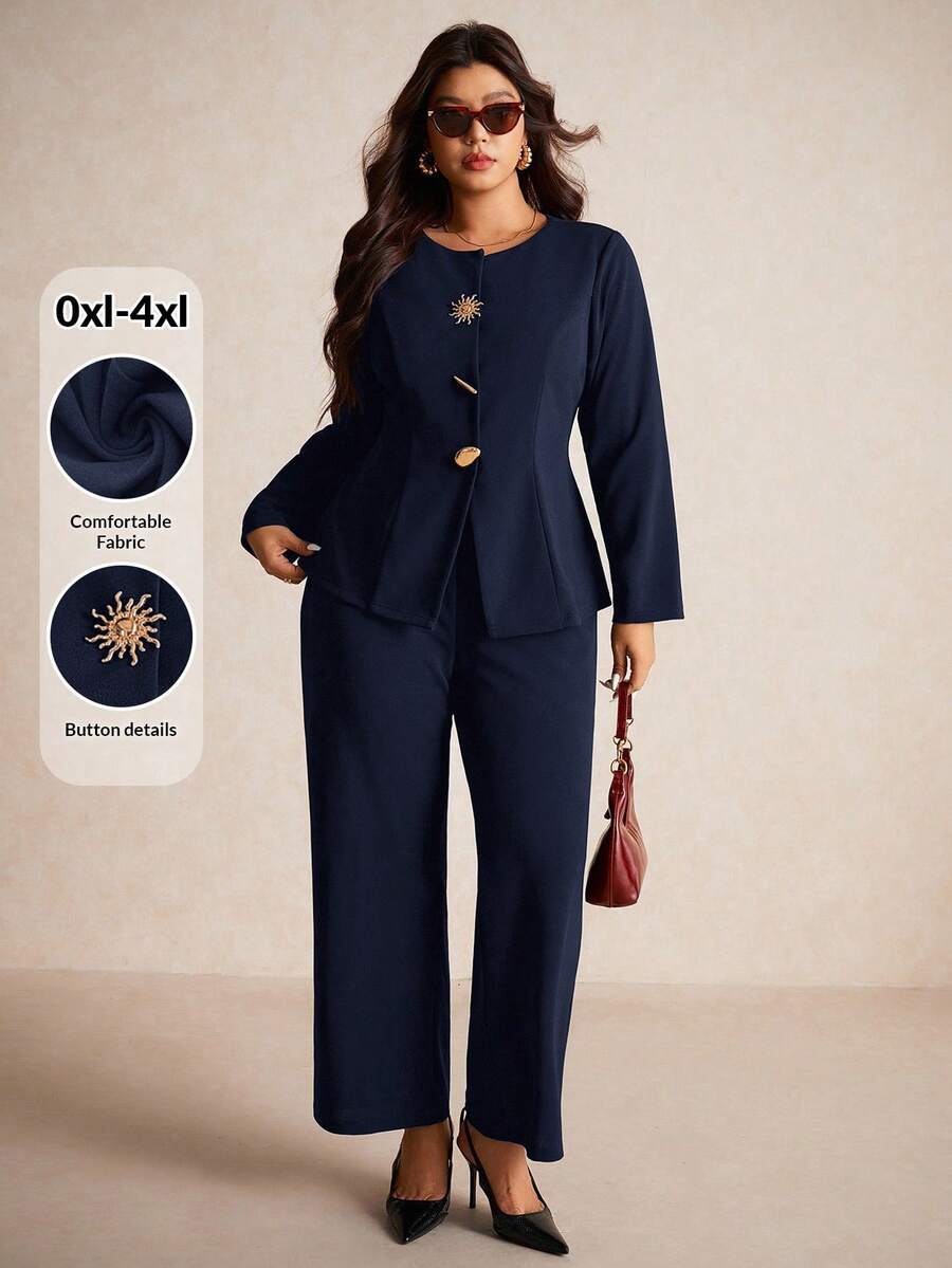 Elaquor Plus Size Black Metal Buckle Decor Long Sleeve Suit Set Formal Suit Plus Size Office Wear In Fall/Winter