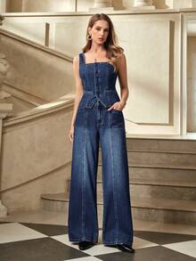 Selenza Women's Denim Fashion Set, American Stylish Sleeveless Crop Top And High Waist Skinny Pants 2 Pieces Outfit - Medium Wash - View 1