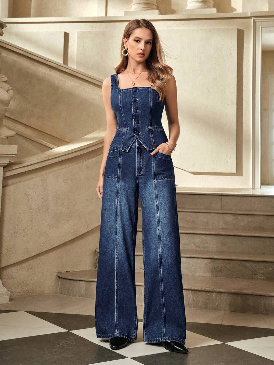 Selenza Women's Denim Fashion Set, American Stylish Sleeveless Crop Top And High Waist Skinny Pants 2 Pieces Outfit - Medium Wash - View 1