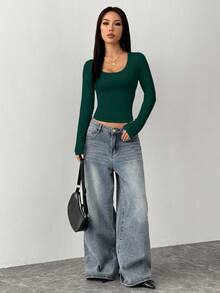SHEIN PETITE Áo thun nữ dài tay cổ tròn màu đen dáng ôm tối giản, thích hợp cho mùa hè, thu/đông. - Màu xanh lá cây đậm - Xem 6