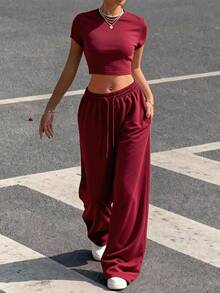 Muchica 女士纯色圆领短袖露脐T恤和抽绳腰裤休闲两件套 - 紅色 - 查看 5