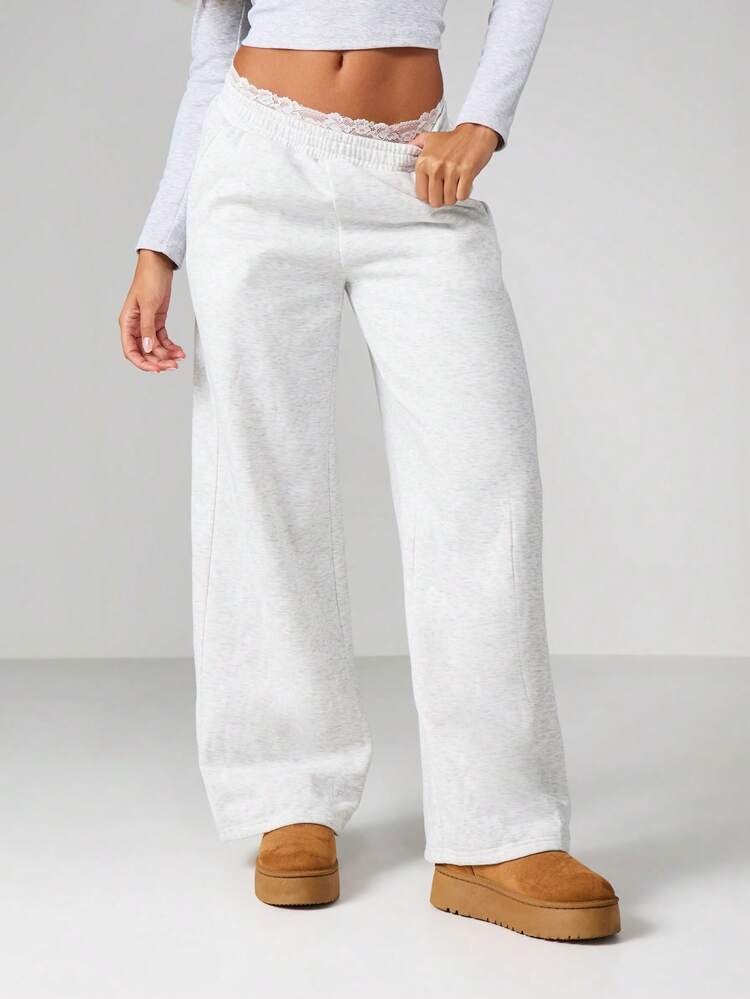 MISSGUIDED Wide Leg Heather Grey Sweatpants With Delicate Lace Trim Waistband Casual Lounge Joggers Soft Brushback Fleece Comfort Pants Fall Winter