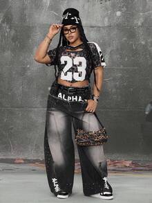 ROMWE EDITION Plus Size Women's Fashion Rhinestone Washed Flared Jeans - Multicolor - View 2