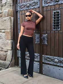 SHEIN Unity Women's Slimming Fitted Stretchy Fabric Comfortable Casual Daily Fashion Pants With Eyelets Decoration - Black - View 5