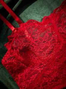 SpicyHot Valentine's Day Women's Intimate Extremely Sexy Red Romantic Alluring Lace Contrast Mesh Trim Lingerie Set + Hollow Out Panties, 2pcs - Red - View 6