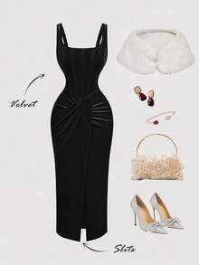 SHEIN MOD Damen Midi-Kleid mit Schlitz, rotes Korsett-Kleid, Hochzeitsgast im Herbst, Abendkleid, schickes Hochzeitskleid, schwarze Kleider elegant und klassisch, Weihnachtskleid, Silvesterkleid, Hochzeitsgast-Kleid für Damen, rotes Abendkleid, Silvesterkleid, Thanksgiving-Kleid, Winterkleid, Partykleid, Weihnachtskleid, Thanksgiving-Outfit - Schwarz - Übersicht 1