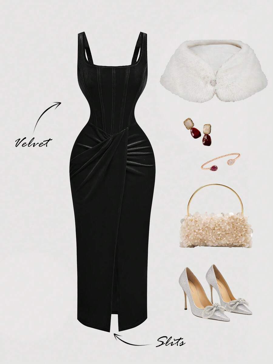 SHEIN MOD Damen Midi-Kleid mit Schlitz, rotes Korsett-Kleid, Hochzeitsgast im Herbst, Abendkleid, schickes Hochzeitskleid, schwarze Kleider elegant und klassisch, Weihnachtskleid, Silvesterkleid, Hochzeitsgast-Kleid für Damen, rotes Abendkleid, Silvesterkleid, Thanksgiving-Kleid, Winterkleid, Partykleid, Weihnachtskleid, Thanksgiving-Outfit - Schwarz - Übersicht 1