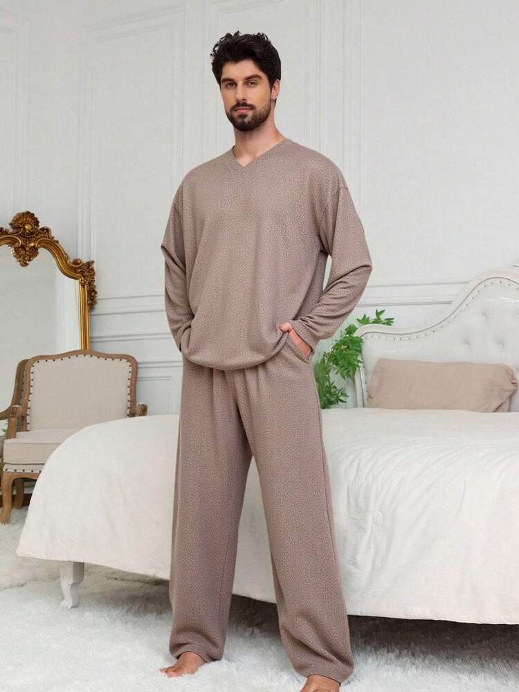 Men's V-Neck T-Shirt And Elastic Waist Pants Casual Loungewear Set, Brown, Spring/Autumn