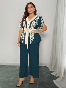 SHEIN Clasi 夏季时尚休闲度假V领蝴蝶结腰带两件套 - 水鴨藍 - 查看 3