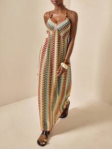 Spring/Summer Best Selling Beach Cover-Up With Tie-Up Neck, Beads Decor, Special Fabric For Vacation - Multicolor - View 5