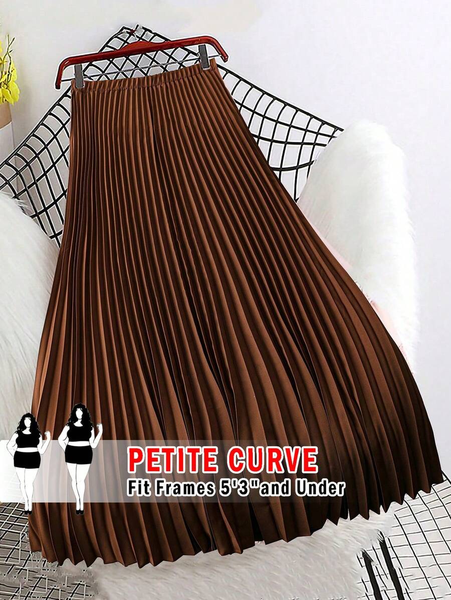 SHEIN PETITE CURVE Plus Size Women Elegant Solid Color Pleated A-Line Brown Skirt, Suitable For Daily Casual Wear In Spring And Autumn - Brown - View 1