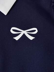 SHEIN Casuvi 少女款梭织翻领半开襟短袖A字褶皱衬衫裙，配PU腰带，蝴蝶印花装饰，适合春夏休闲穿着 - 藏蓝色 - 查看 8