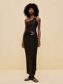 SHEIN Veneréa 女士纯色不对称肩部金属装饰性感连体泳衣，适合海滩度假 - 黑色 - 查看 3