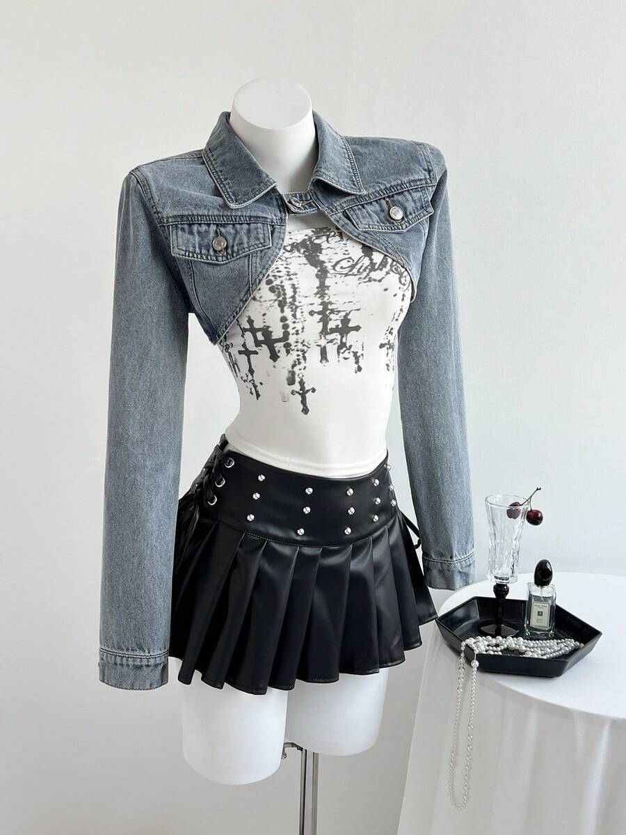 Elamini Fashionable Casual Washed Denim Super Short Jacket - Light Wash - View 1