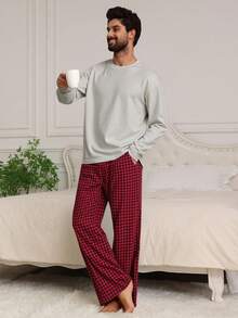 DAZY Solid Color White T-Shirt Paired With Plaid Pants Men's Loungewear Set, Spring/Autumn - Multicolor - View 1