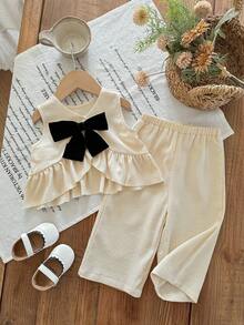 SHEIN Babygirl Cute Casual Apricot Crepe Bow Decor Camisole & Elastic Waist Pants Set