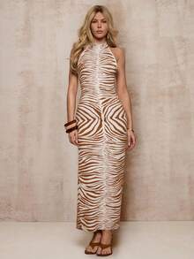 SHEIN Glamour 女士长款修身露肩毛衣连衣裙，秋冬季豹纹无袖立领露背毛衣连衣裙 - 彩色 - 查看 4