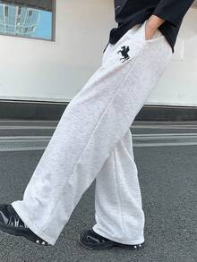 SHEIN 男童休闲日常舒适贴袋直筒宽松纯色针织裤 - 淺灰色 - 查看 3