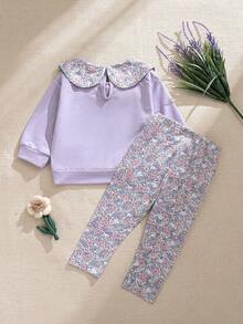 Souflis Souflis 女婴春秋季新款蝴蝶结领花卉拼接长袖卫衣和花卉休闲打底裤两件套，可爱百搭 - 淡紫色 - 查看 2