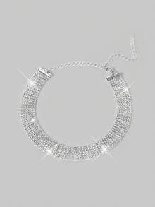 Aloruh 1 pieza Collar de mujer en tono plateado con triple de cubitos de zirconia brillantes y rhinestones, adecuado para vacaciones y fiestas formales - Plateado - Ver 1
