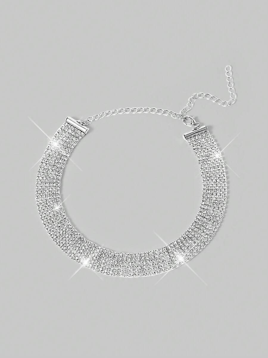 Aloruh 1 pieza Collar de mujer en tono plateado con triple de cubitos de zirconia brillantes y rhinestones, adecuado para vacaciones y fiestas formales - Plateado - Ver 1