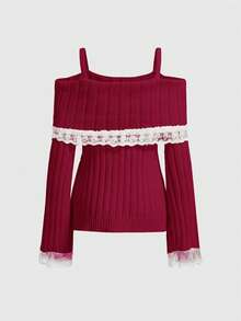 ROMWE Kawaii Lace Patchwork Bow Decor Red Long Sleeve Pullover Sweater - Burgundy - View 2