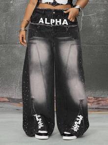 ROMWE EDITION Plus Size Women's Fashion Rhinestone Washed Flared Jeans - Multicolor - View 6