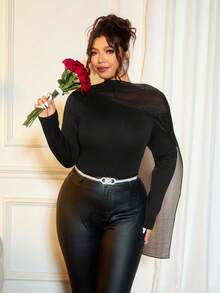 Allurite Plus Size Women's Solid Color Minimalist Daily Wear Poncho Mesh Long Sleeve T-Shirt Sheer Long Sleeve Top - Black - View 3