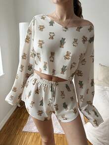SHEIN EZwear 2pcs Women Casual Bear Print Off-Shoulder Ruffle Hem Crop Sweatshirt & Loose Shorts Set - White - View 1