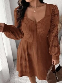 SHEIN Frenchy 大码女式时尚休闲甜心领罗纹连衣裙 - 紅木色 - 查看 4