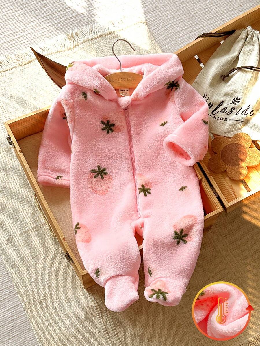 SHEIN Vintaside Kids 新生儿简约时尚可爱波点长袖连帽抓绒连体衣家居服 - 淺粉色 - 查看 1