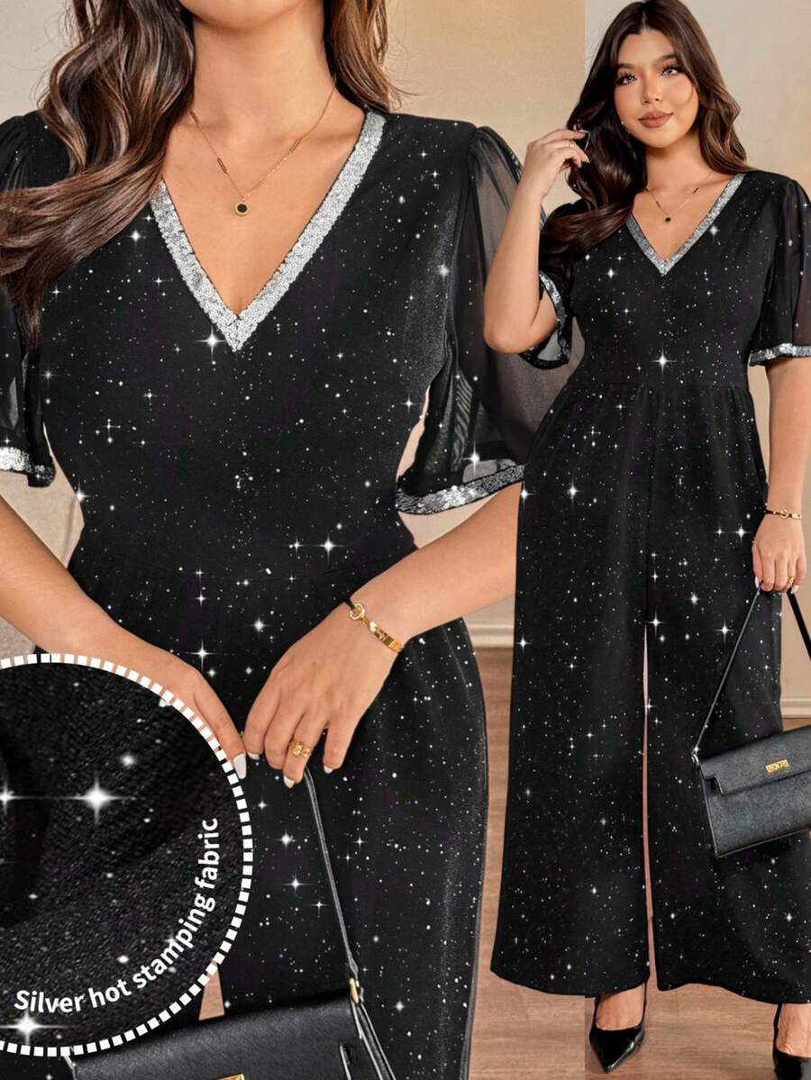 Vionelle Salopetă de damă cu mânecă scurtă, tricotată cu paiete și fermoar, mărime plus, toamnă/iarnă