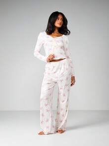 MISSGUIDED Bow Print Long Sleeve V-Neck Crop Top And Wide Leg Lounge Pants Two Piece Set Casual Sleepwear - Multicolor - View 1