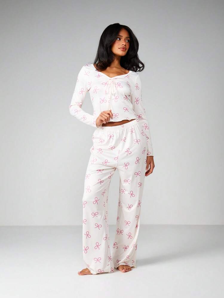 MISSGUIDED Bow Print Long Sleeve V-Neck Crop Top And Wide Leg Lounge Pants Two Piece Set Casual Sleepwear