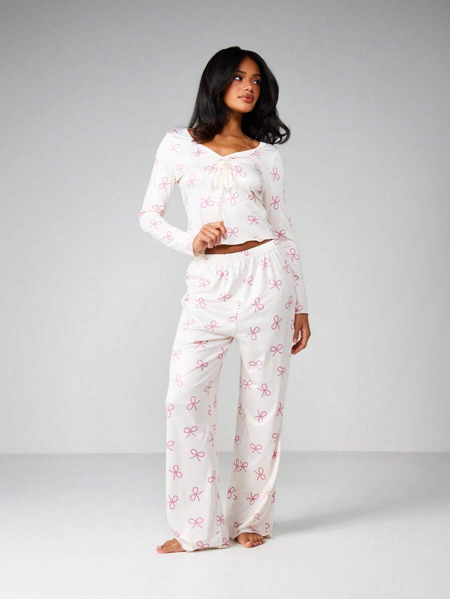 MISSGUIDED Bow Print Long Sleeve V-Neck Crop Top And Wide Leg Lounge Pants Two Piece Set Casual Sleepwear - Multicolor - View 1