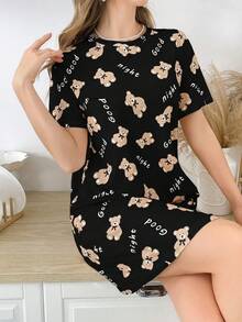 女士舒适小熊字母印花睡裙，哞哞睡衣 - 黑色 - 查看 6