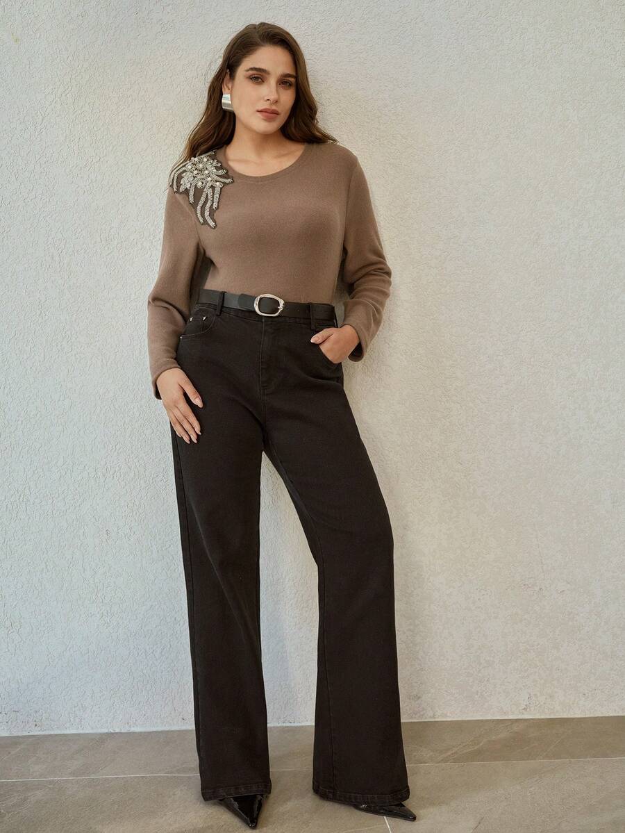MOTF PREMIUM CAMISETA AJUSTADA CON DETALLES DE RHINESTONE TALLA GRANDE - Café integral - Ver 1