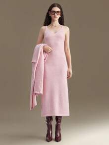 Ontre Women's Light Pink,Autumn,Elegant,Brunch Faux Mohair Wool Dress Set,Long Cardigan & V-Neck Spaghetti Strap H-Line Dress,Dropped Shoulder Knitted Wear - Baby Pink - View 4