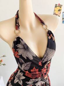 Soleia Romantic Vacation Halter Knit Mesh Blue Printed Dress For Women - Multicolor - View 5