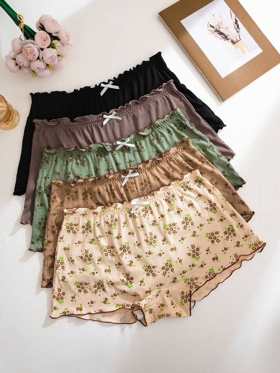 PetitDoll 5-Pack Comfortable Ribbed Cotton Floral Print Ruffle Trim Boyshort Panties