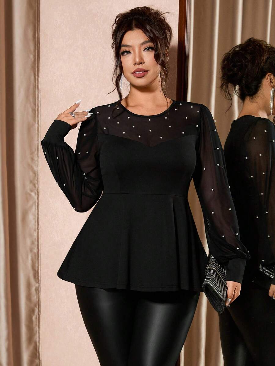 Cravure Áo thun nữ cỡ lớn thanh lịch ôm sát đính đá phối màu tương phản, áo lưới phối ren giúp thon gọn vòng eo, thích hợp cho các buổi tiệc tùng, câu lạc bộ đêm. - màu đen - Xem 1