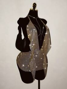 EgrlEra Petite Women's Rhinestone Fishnet Dress, Sparkling Rhinestone Embellished, Sexy Sheer Glittering, Suitable For Holiday Party Outfit - Gold - View 2