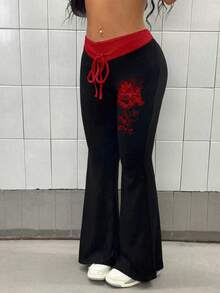 StreetHx Quần ống loe in họa tiết chắp vá màu tương phản dành cho nữ - Đỏ - Xem 5