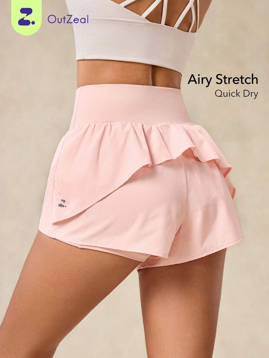 OutZeal Gym Shorts Women Sports Pink Shorts Workout Breathable Stretch High Waist Built-In Shorts Ruffled Hem Design Active Bottoms - Pink - View 1