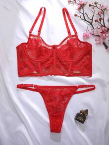 SHEIN 2pcs Women Lace Patchwork Sexy Lingerie Set - Red - View 1