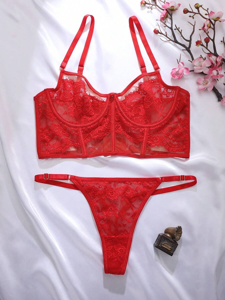 SHEIN 2pcs Women Lace Patchwork Sexy Lingerie Set - Red - View 1